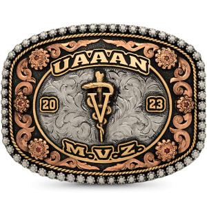 A custom belt buckle for veterinarians featuring a personalized logo for UAAAN MVZ built on a hand engraved antiqued german silver base 